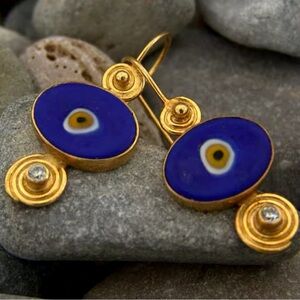 Vintage Brass Retro Gold Blue Eyes Earrings